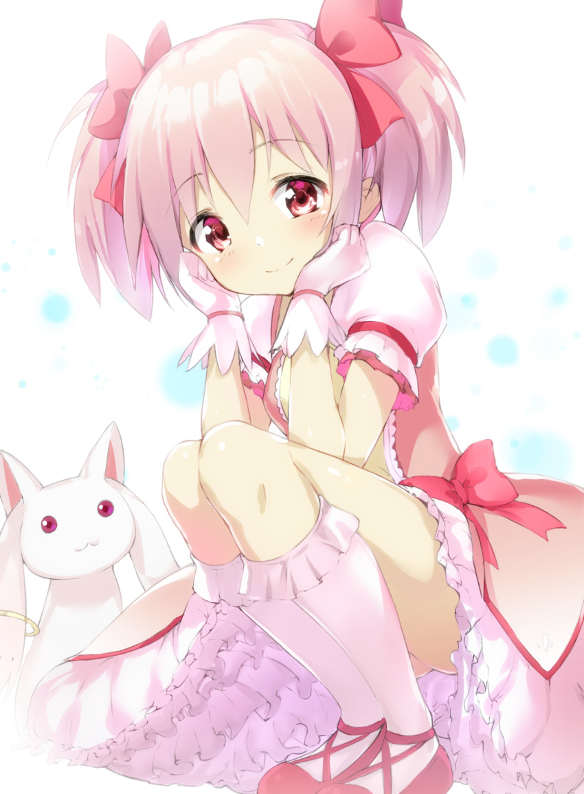 bangs blush bow closed_mouth commentary_request creature eyebrows_visible_through_hair frilled_legwear frilled_skirt frills hair_between_eyes hair_bow highres kaname_madoka kneehighs kyubey mahou_shoujo_madoka_magica pink_hair pink_legwear pink_shirt pink_skirt puffy_short_sleeves puffy_sleeves red_bow red_eyes red_footwear rekareka shirt shoes short_sleeves skirt smile squatting twintails