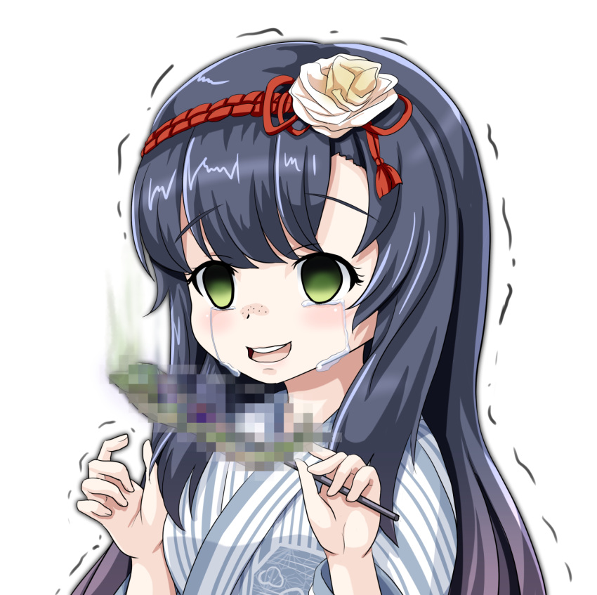 :d black_hair censored commentary_request crying crying_with_eyes_open empty_eyes fish green_eyes hairband highres japanese_clothes kantai_collection kimono long_hair looking_at_viewer matsuwa_(kantai_collection) mosaic_censoring open_mouth saury simple_background smile solo streaming_tears tears tk8d32 trembling white_background