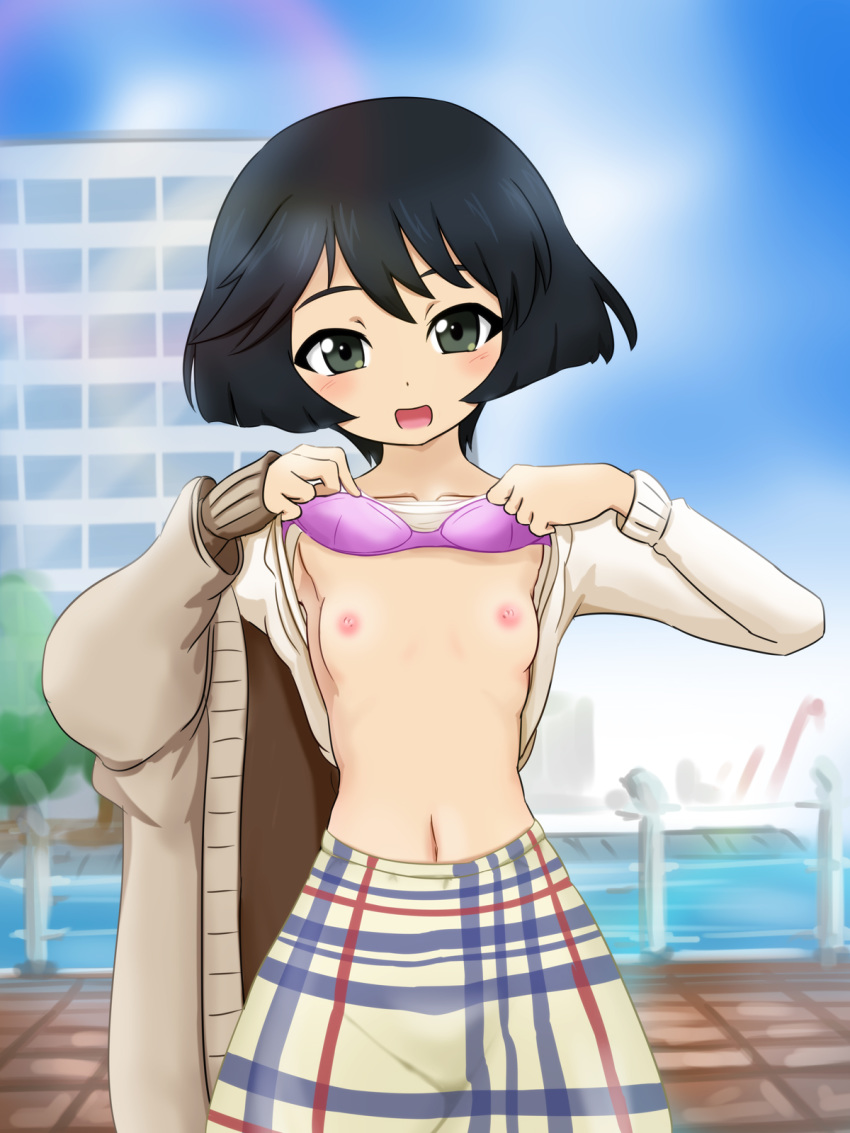 bangs black_eyes black_hair blue_skirt blue_sky blurry blurry_background bra bra_lift breasts brown_jacket casual cloud cloudy_sky cowboy_shot day fechisupi girls_und_panzer head_tilt highres jacket lifted_by_self long_sleeves looking_at_viewer medium_skirt multicolored multicolored_clothes multicolored_skirt navel nipples off_shoulder open_mouth outdoors plaid plaid_skirt purple_bra shirt shirt_lift short_hair skirt sky small_breasts smile solo standing underwear utsugi_yuuki white_shirt yellow_skirt