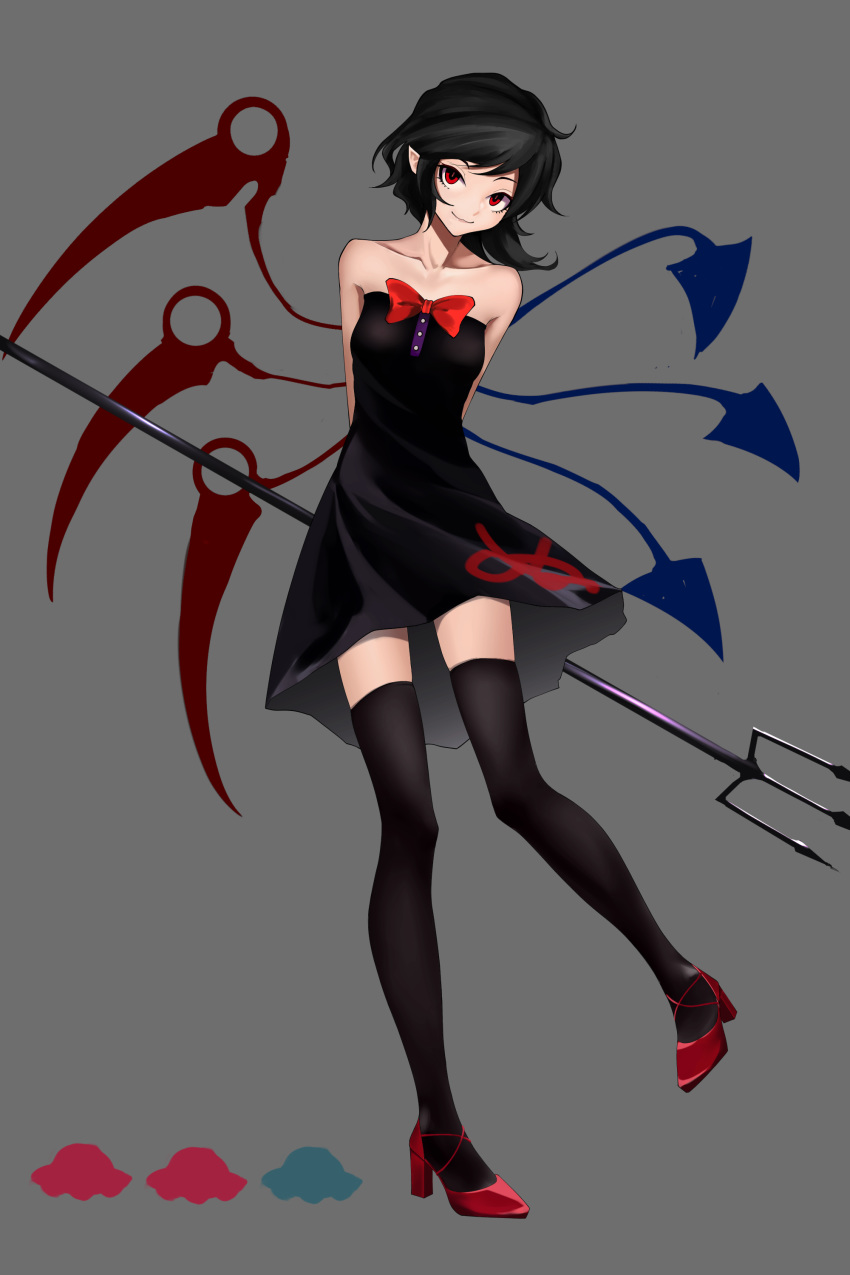 absurdres arms_behind_back asymmetrical_wings bangs bare_shoulders black_dress black_hair black_legwear bow bowtie collarbone dress full_body grey_background high_heels highres holding holding_weapon houjuu_nue inoshin_(inixia1748) looking_at_viewer polearm pumps red_bow red_eyes red_footwear short_dress short_hair simple_background sleeveless sleeveless_dress solo standing standing_on_one_leg strapless strapless_dress swept_bangs thighhighs touhou trident weapon wings zettai_ryouiki