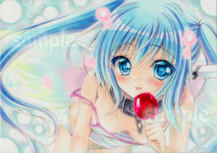 1girl bent_over blue_eyes blue_hair blush breasts candy chains collar downblouse eyebrows_visible_through_hair food hanging_breasts holding holding_lollipop leaning_forward lollipop long_hair looking_at_viewer matching_hair/eyes medium_breasts metal_collar midriff no_bra nymph_(sora_no_otoshimono) panties sample smile solo sora_no_otoshimono strap_slip tank_top tongue tongue_out traditional_media twintails underwear wakaba0801