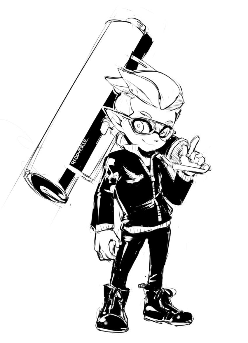 5_fingers animal_humanoid black_and_white cephalopod cephalopod_humanoid clothed clothing eyewear footwear fully_clothed glasses holding_object humanoid inkling jacket leather leather_jacket leather_pants male marine monochrome nintendo pointy_ears reddverse shoes smile solo splatoon standing video_games