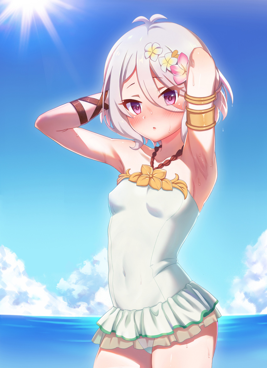 :o absurdres antenna_hair armlet armpits arms_behind_head arms_up blue_sky blush breasts casual_one-piece_swimsuit cloud commentary_request covered_navel cowboy_shot day eyes_visible_through_hair flower grey_hair hair_between_eyes hair_flower hair_ornament halterneck highres horizon jewelry kokkoro_(princess_connect!) looking_at_viewer mumistar one-piece_swimsuit open_mouth outdoors pink_flower princess_connect!_re:dive purple_eyes see-through short_hair sky small_breasts solo sun swimsuit swimsuit_skirt water water_drop wet white_flower white_swimsuit