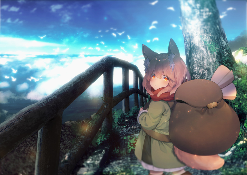 0ida animal animal_ears bird brown_hair clouds dress loli orange_eyes original short_hair sky tree