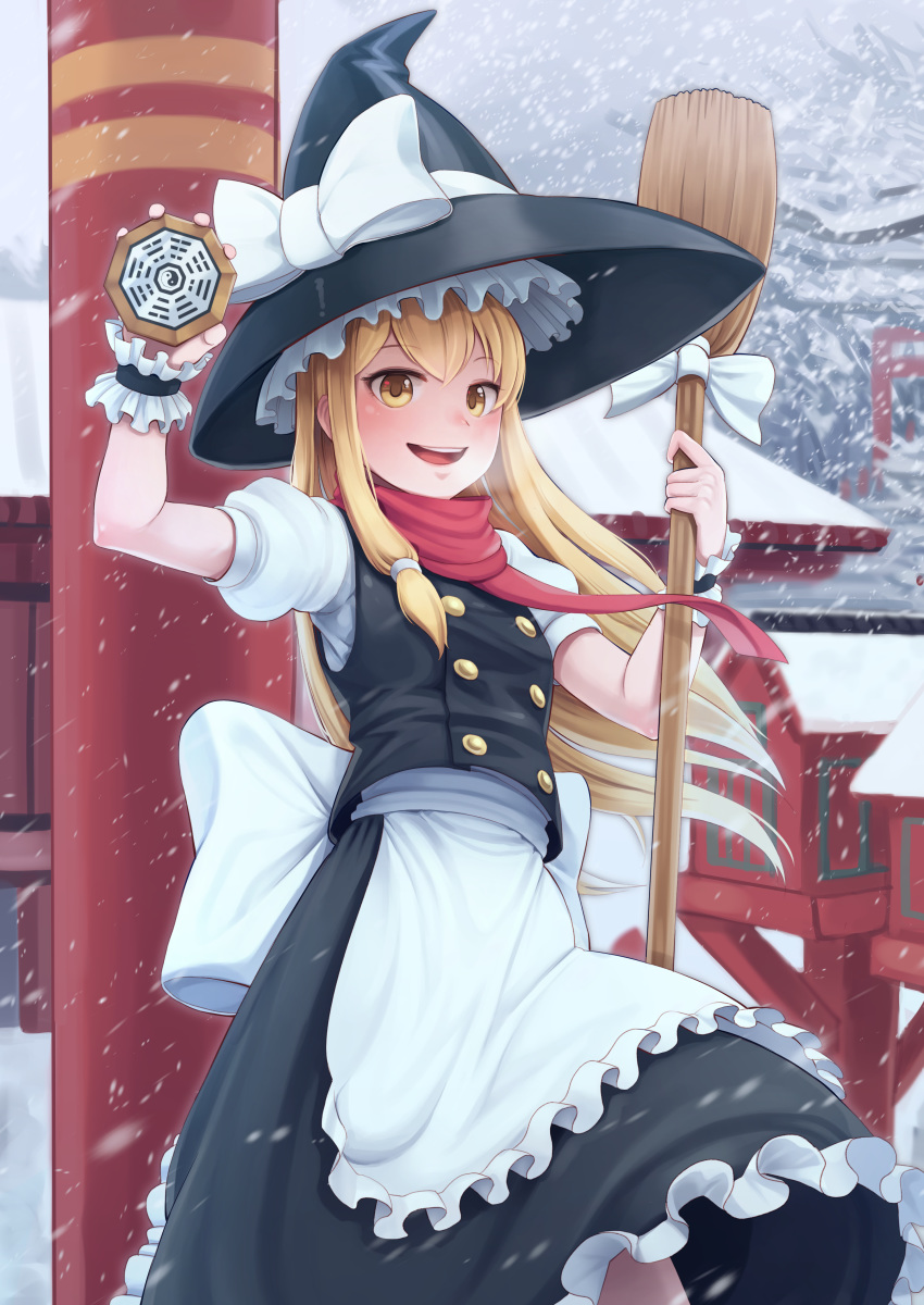absurdres black_hat blonde_hair blush bow broom brown_eyes day eyebrows_visible_through_hair goback hat hat_bow hat_ribbon highres holding holding_broom kirisame_marisa long_hair looking_at_viewer master_spark mini-hakkero open_mouth outdoors ribbon smile snow snowing solo standing torii touhou white_bow white_ribbon winter witch_hat wrist_cuffs yin_yang