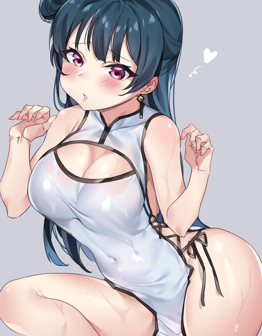 absurdres bad_id bad_twitter_id bare_shoulders blue_hair blush breasts china_dress chinese_clothes cleavage cleavage_cutout commentary covered_navel dress earrings grey_background heart highres jewelry leg_up long_hair love_live! love_live!_sunshine!! medium_breasts nail_polish parted_lips pelvic_curtain pink_eyes side-tie_dress side_bun side_slit simple_background solo sweat tem10 tsushima_yoshiko white_dress