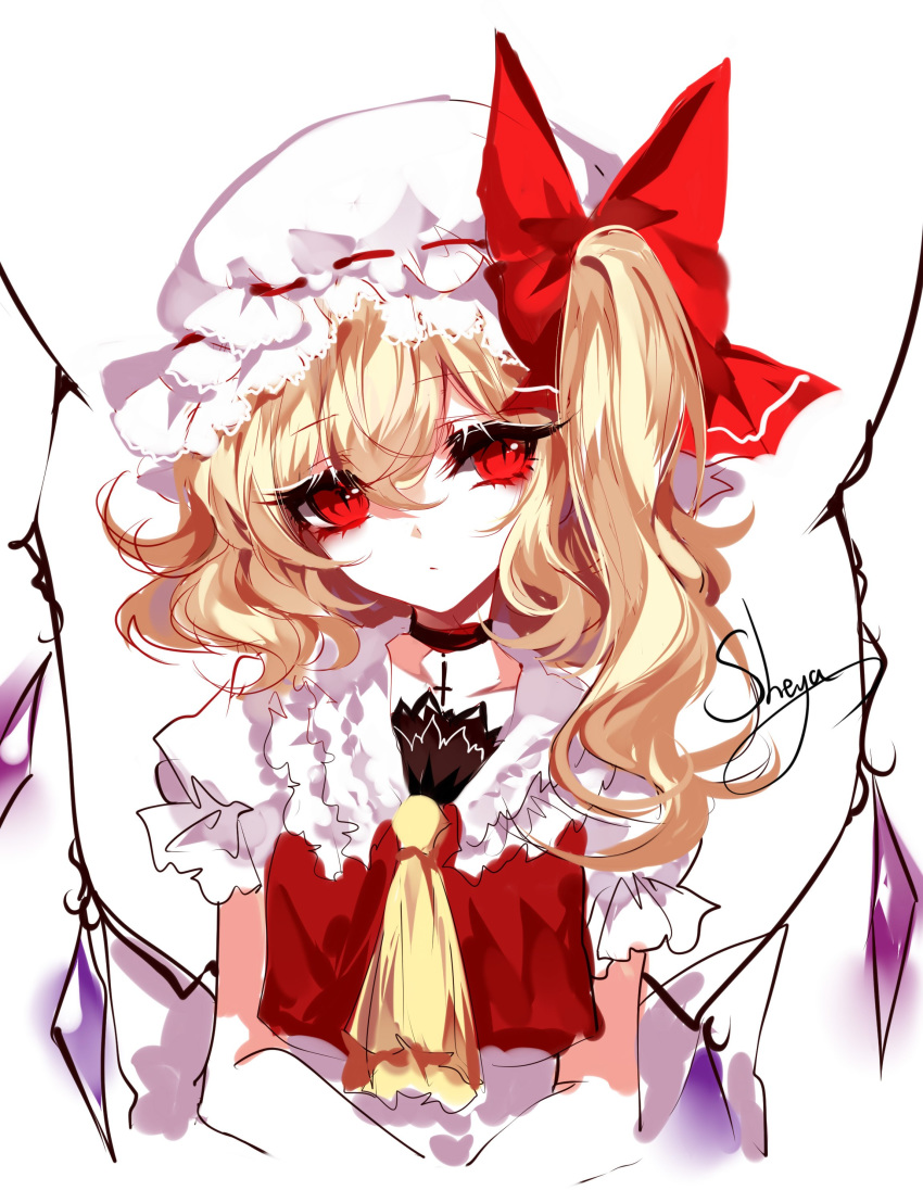 absurdres artist_name ascot bangs black_choker blonde_hair bow choker collarbone commentary cropped_torso cross cross_choker crystal eyebrows_visible_through_hair eyelashes flandre_scarlet frilled_shirt_collar frills hair_between_eyes hat hat_bow head_tilt highres long_hair looking_at_viewer one_side_up puffy_short_sleeves puffy_sleeves red_bow red_eyes red_vest ribbon_trim sheya short_sleeves signature simple_background sketch solo touhou upper_body vest white_background white_hat wings yellow_neckwear