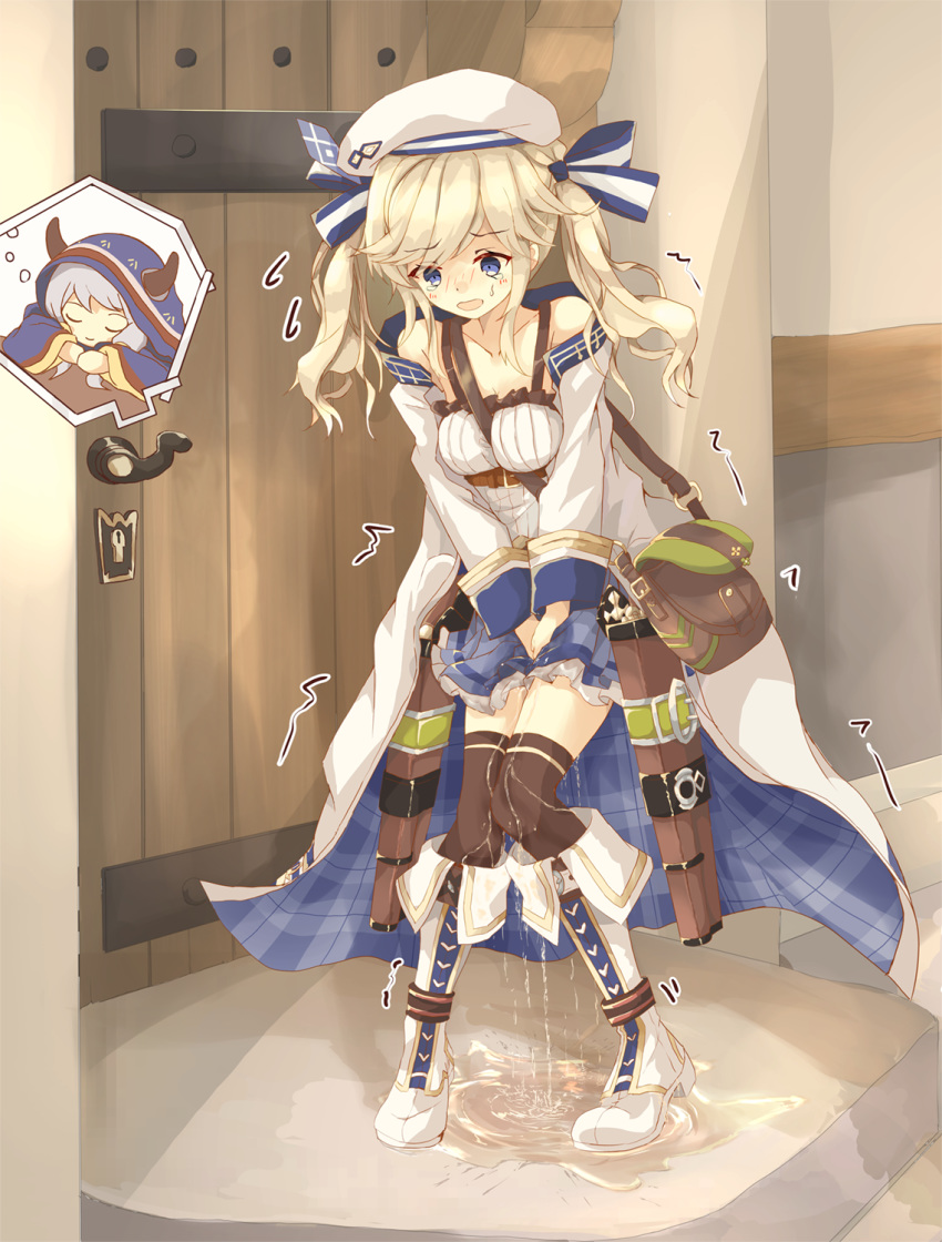 2girls bag bangs bare_shoulders beret between_breasts between_legs black_legwear blonde_hair blue_eyes blue_ribbon blue_skirt blush blush_stickers boots breasts character_request closed_mouth collarbone cucouroux_(granblue_fantasy) door embarrassed eyebrows_visible_through_hair eyes_closed female flying_sweatdrops frilled_skirt frills full_body granblue_fantasy gun hair_ribbon hand_between_legs hands_together hat have_to_pee heart highres holster hood horns indoors knee_boots knees_together_feet_apart long_sleeves looking_down medium_breasts miniskirt minoco multiple_girls nose_blush off_shoulder open_mouth peeing peeing_self pleated_skirt puddle ribbon shirt skirt sleeping sleeveless sleeveless_shirt smile solo_focus standing strap_cleavage sweatdrop swept_bangs thighhighs tied_hair trembling twintails v_arms weapon wet wet_clothes white_coat white_footwear white_hat white_shirt zettai_ryouiki