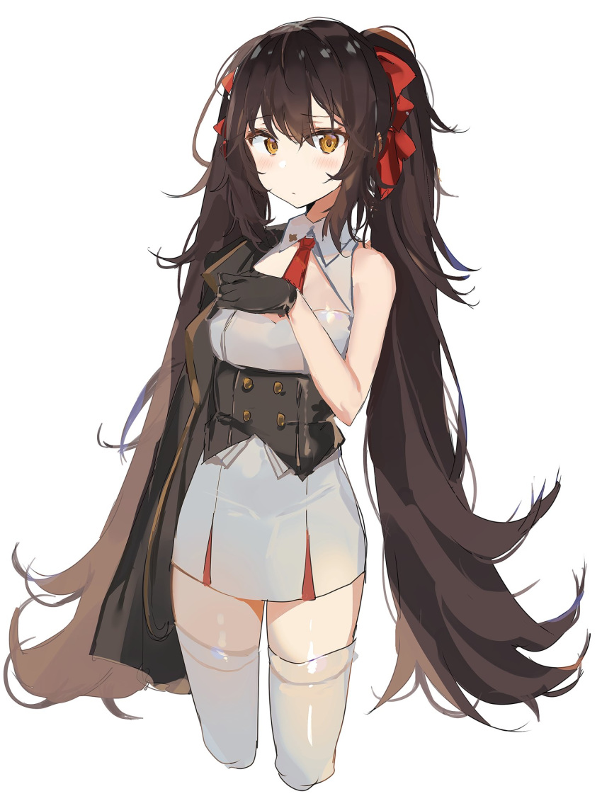 bangs bare_arms bare_shoulders black_gloves black_hair blush closed_mouth commentary cropped_legs double-breasted eyebrows_visible_through_hair girls_frontline gloves hair_ribbon highres long_hair looking_at_viewer necktie qbz-97_(girls_frontline) ribbon sabet_(young_ouo) shirt solo very_long_hair white_background white_legwear white_shirt