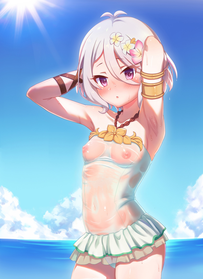 :o absurdres antenna_hair armlet armpits arms_behind_head arms_up blue_sky blush breasts casual_one-piece_swimsuit cloud cowboy_shot day eyes_visible_through_hair flower grey_hair hair_between_eyes hair_flower hair_ornament halterneck highres horizon jewelry kokkoro_(princess_connect!) looking_at_viewer mumistar navel nipples one-piece_swimsuit open_mouth outdoors pink_flower princess_connect!_re:dive purple_eyes see-through short_hair sky small_breasts solo sun swimsuit swimsuit_skirt water water_drop wet wet_clothes wet_swimsuit white_flower white_swimsuit