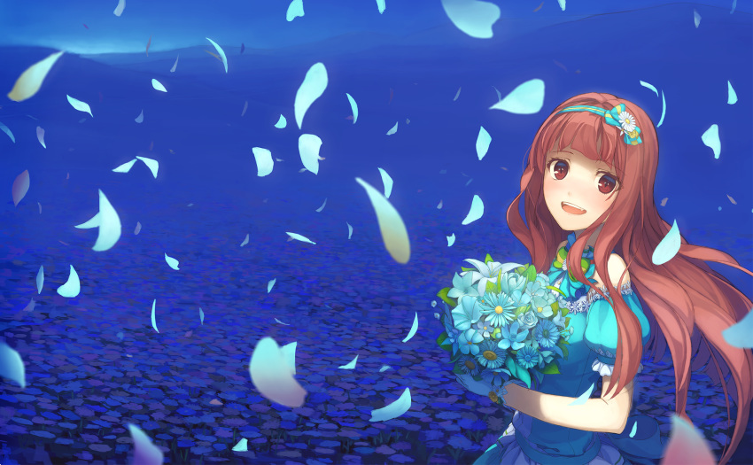blue_dress blue_flower blush bouquet breasts brown_eyes brown_hair dress eyebrows_visible_through_hair flower gloves hairband highres holding holding_bouquet idolmaster idolmaster_million_live! idolmaster_million_live!_theater_days long_hair looking_at_viewer medium_breasts open_mouth petals puffy_short_sleeves puffy_sleeves short_sleeves smile solo tanaka_kotoha teeth turu white_gloves