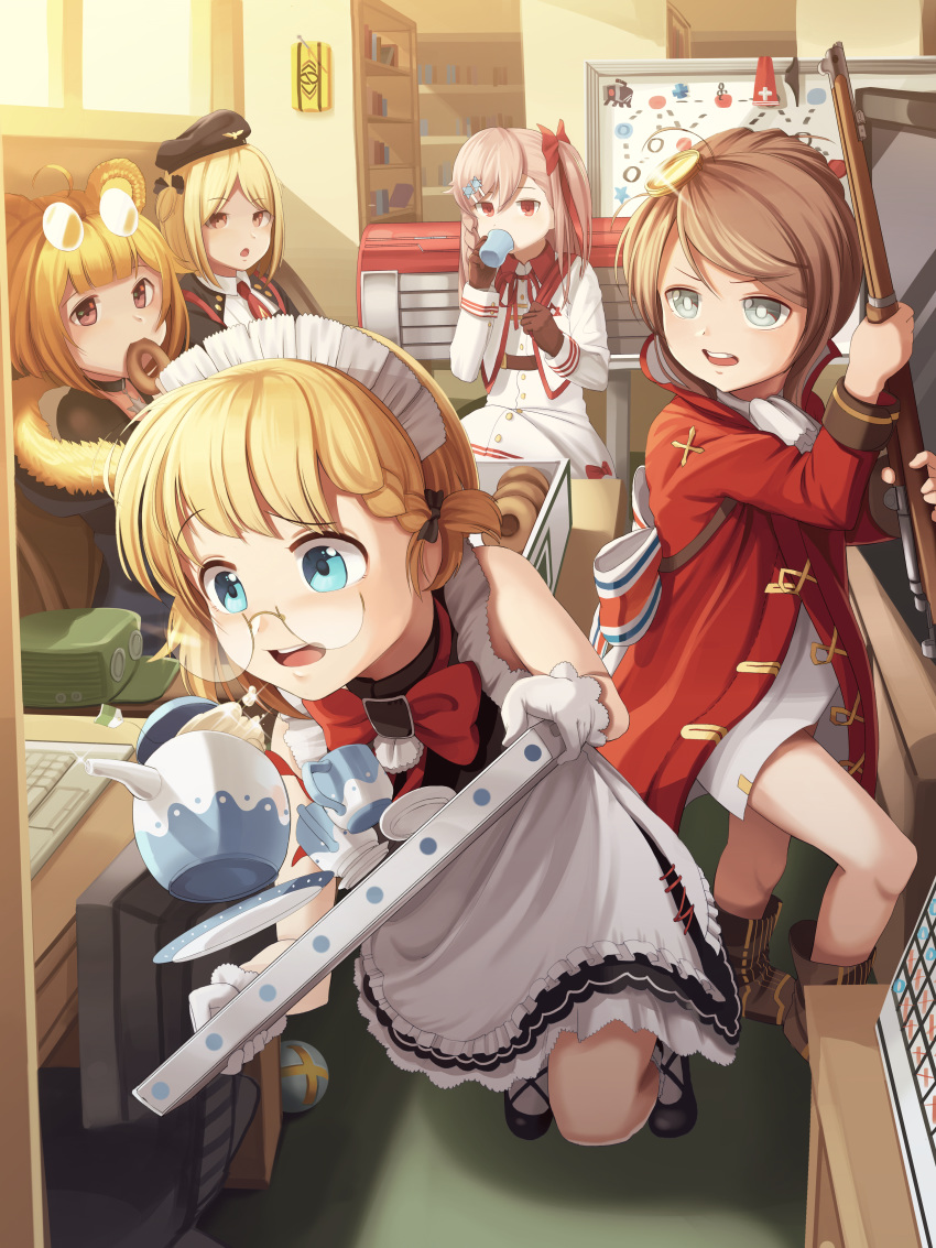 absurdres ahoge black_bow black_panties blonde_hair blue_eyes blush book bookshelf bow braid brown_eyes brown_hair choker computer cup day desk dinergate_(girls_frontline) doughnut eating eyebrows_visible_through_hair eyewear_on_head food g36_(girls_frontline) girls_frontline glasses goback green_hat grey_eyes grizzly_mkv_(girls_frontline) gun hair_bow hat hat_removed headwear_removed highres holding holding_gun holding_tray holding_weapon holy_hand_grenade indoors laptop lee-enfield_(girls_frontline) long_sleeves looking_at_another looking_away maid maid_headdress mp40_(girls_frontline) multiple_girls necktie negev_(girls_frontline) open_mouth panties panties_removed parted_lips pastry_box pink_hair plate red_bow red_eyes red_neckwear short_hair sitting standing star star_choker swivel_chair table teacup teapot tray twin_braids underwear weapon whiteboard window younger