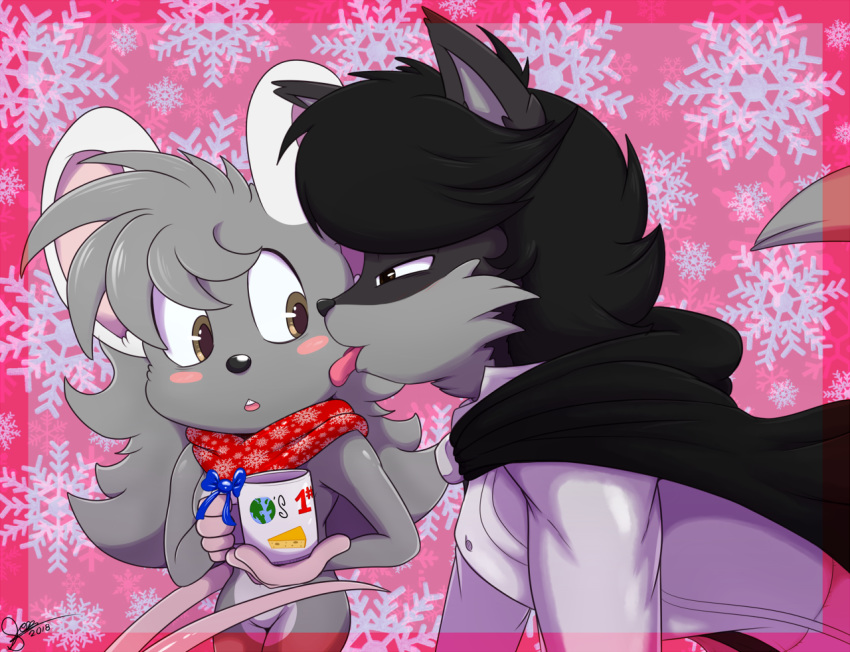 2018 anthro bianra_rat bigdon1992 blush canine christmas clothed clothing cup digital_media_(artwork) don_wolf female fur hair holidays invalid_tag kissing licking male male/female mammal nyurora nyuroraxbigdon rat rodent simple_background size_difference tongue tongue_out wolf