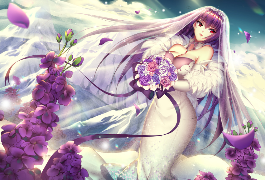 bangs bare_shoulders blue_sky blurry blurry_foreground bouquet breasts bridal_veil cleavage cloud cloudy_sky commentary_request day depth_of_field detached_sleeves dress dutch_angle eyebrows_visible_through_hair fate/grand_order fate_(series) flower fur_trim hair_between_eyes head_tilt highres holding holding_bouquet large_breasts long_hair long_sleeves looking_away looking_to_the_side mallizmora outdoors parted_lips petals purple_flower purple_hair purple_rose red_eyes rose scathach_(fate)_(all) scathach_skadi_(fate/grand_order) see-through sky solo standing strapless strapless_dress tiara veil very_long_hair wedding_dress white_dress white_flower white_rose