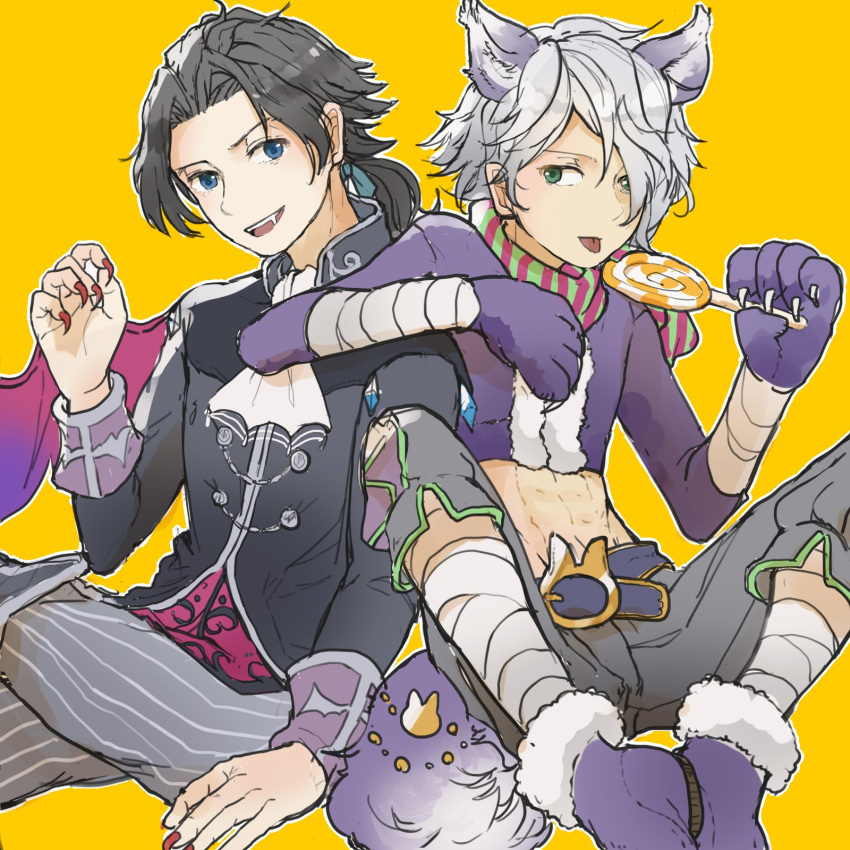 animal_ears black_hair cape cyrus_(octopath_traveler) gloves hair_over_one_eye halloween highres long_hair looking_at_viewer male_focus multiple_boys octopath_traveler open_mouth rico_ot short_hair simple_background smile therion_(octopath_traveler) vampire white_hair wolf wolf_ears