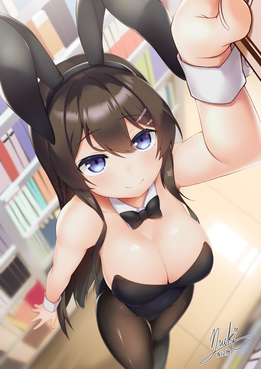 animal_ears black_hair black_legwear black_leotard black_neckwear blue_eyes bow bowtie breasts bunny_ears bunny_girl bunnysuit chinese_commentary cleavage commentary_request detached_collar from_above hair_ornament hairclip highres leotard long_hair looking_at_viewer medium_breasts pantyhose perspective sakurajima_mai seishun_buta_yarou solo strapless strapless_leotard subaru_(794829485) wrist_cuffs