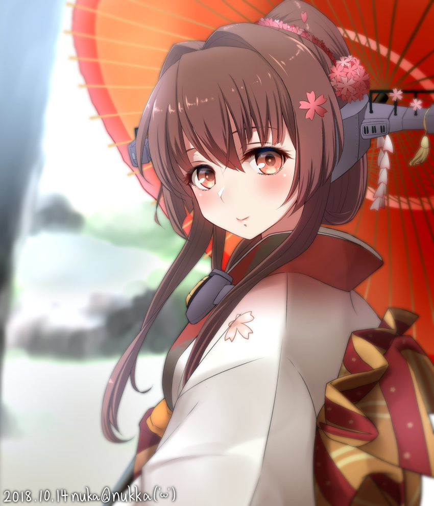 alternate_costume blurry brown_hair cherry_blossoms commentary_request depth_of_field headgear highres japanese_clothes kantai_collection kimono long_hair looking_at_viewer nuka_(nvkka) oriental_umbrella ponytail red_eyes red_umbrella solo twitter_username umbrella upper_body white_kimono yamato_(kantai_collection)