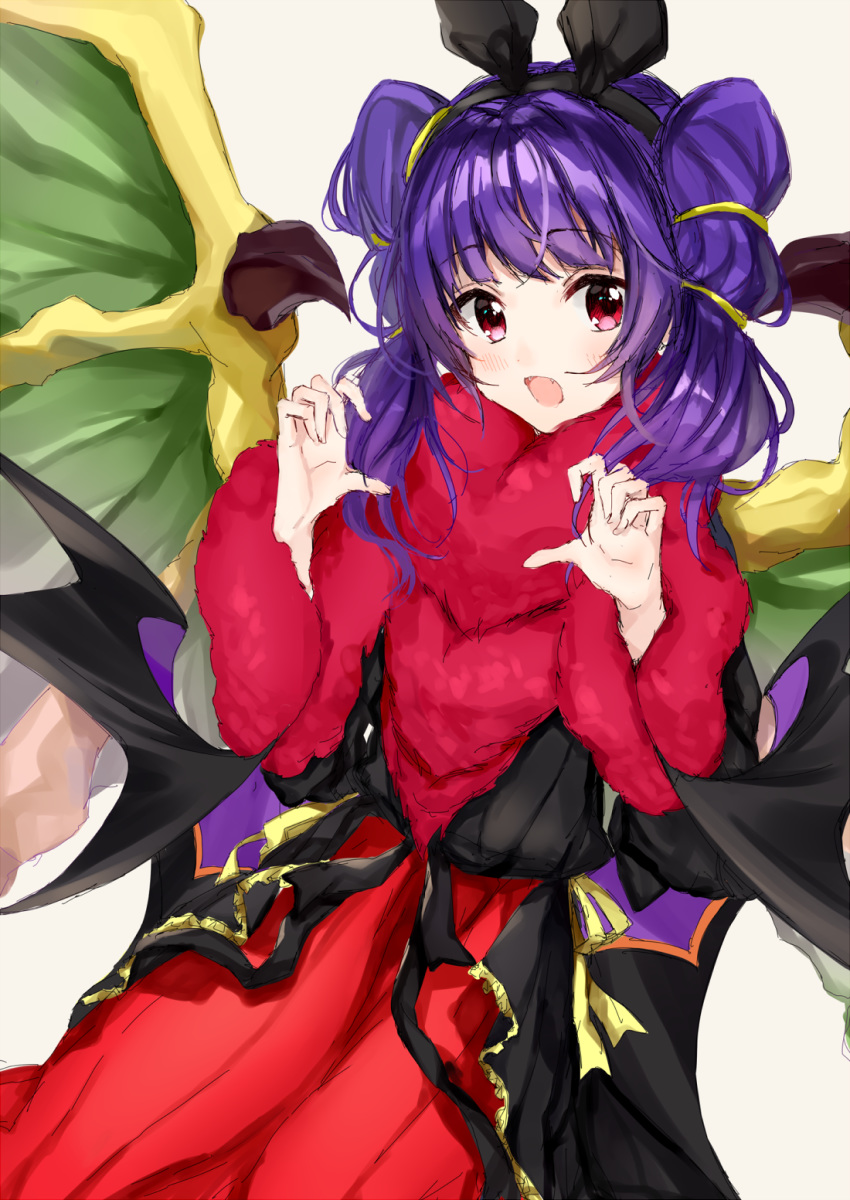 animal_ears blush bunny_ears claw_pose commentary_request dragon_wings dress fangs fire_emblem fire_emblem:_seima_no_kouseki fire_emblem_heroes fur_trim gao grey_background halloween highres long_hair looking_at_viewer myrrh open_mouth purple_hair red_eyes satoimo_chika simple_background solo twintails wings
