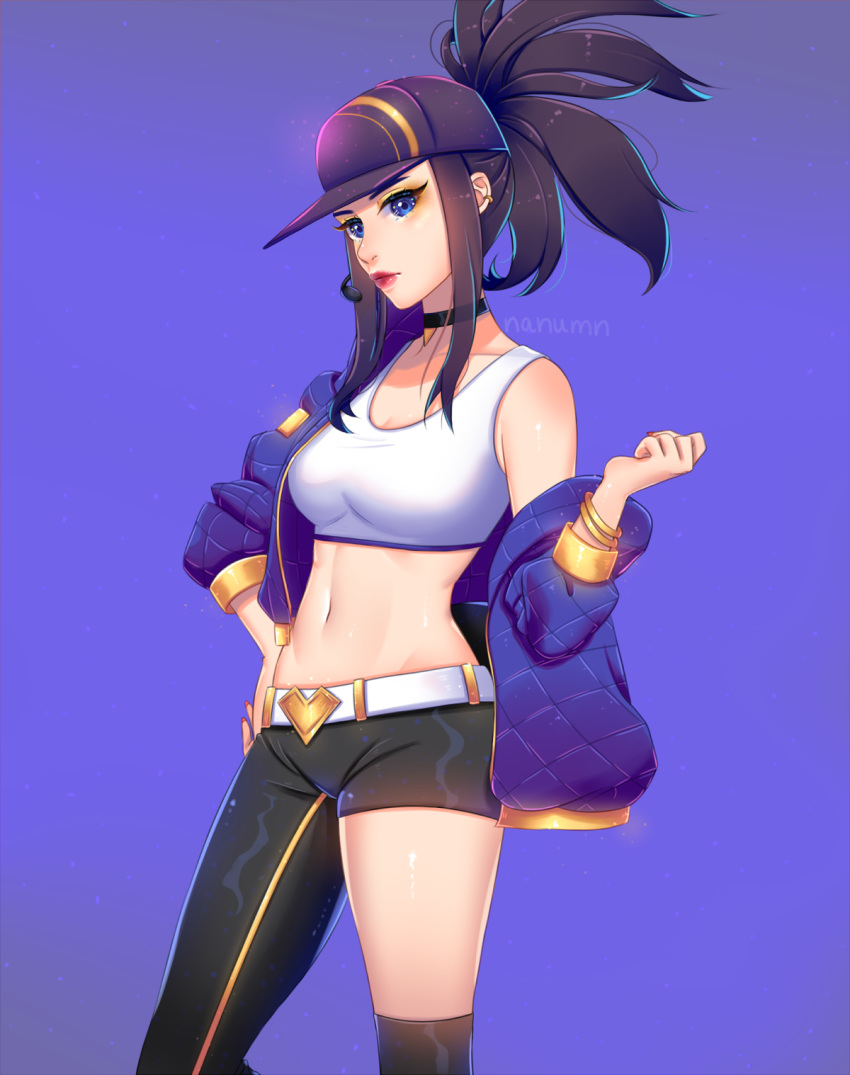 akali asymmetrical_clothes asymmetrical_pants bangle baseball_cap belt belt_buckle black_choker black_hair black_legwear black_pants blue_eyes bracelet breasts buckle choker cleavage collarbone contrapposto ear_piercing eyebrows eyeliner eyeshadow feet_out_of_frame gold_trim groin hand_on_hip hand_up hat headset heart high_ponytail highres idol jacket jewelry k/da_(league_of_legends) k/da_akali league_of_legends lipstick long_sleeves looking_at_viewer makeup medium_breasts midriff nail_polish nanumn narrow_waist navel open_clothes open_jacket pants piercing pink_lipstick ponytail purple_background purple_jacket shiny shiny_clothes sidelocks simple_background single_over-kneehigh single_vertical_stripe sleeves_pushed_up solo sports_bra standing stomach thighs white_belt white_sports_bra