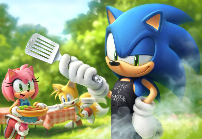 2boys amy_rose apron barbecue commentary_request cook food hedgehog meat multiple_boys no_humans plate rasein sausage smoke sonic sonic_the_hedgehog spatula table tablecloth tails_(sonic)