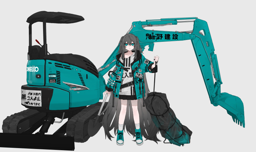 absurdly_long_hair absurdres aqua_eyes aqua_footwear aqua_jacket arm_at_side belt black_skirt caterpillar_tracks clothes_writing company_name cross-laced_footwear excavator expressionless grey_background grey_hair ground_vehicle hand_up highres holding jacket jitome kobelco long_hair long_sleeves miniskirt motor_vehicle off_shoulder open_clothes open_jacket original pleated_skirt rairyuu sack shirt shoes shovel simple_background skirt sneakers socks solo standing two_side_up very_long_hair white_legwear white_shirt