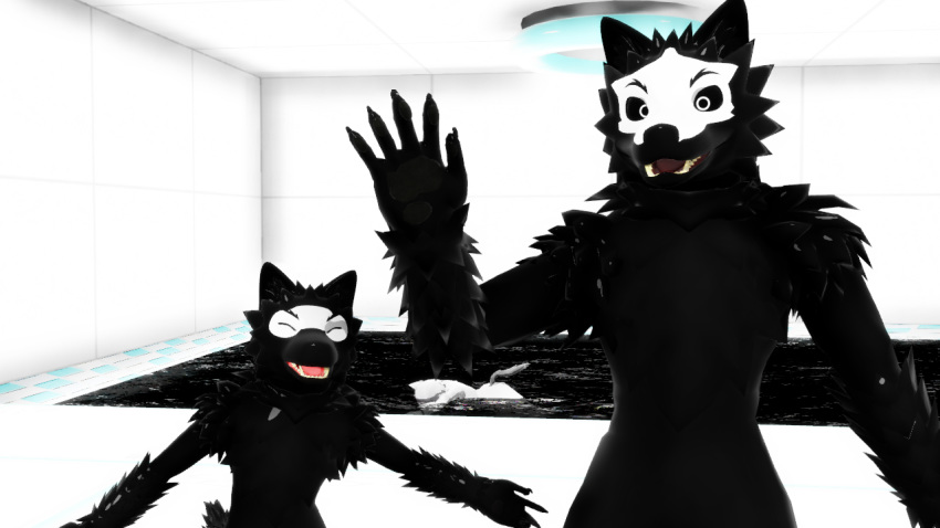 2018 3d_(artwork) ambiguous_gender anthro biped black_fur canine changed_(video_game) digital_media_(artwork) dr.k_(changed) fluffy fur goo_creature lab_coat looking_at_viewer malicekira mammal mask open_mouth puro_(changed) rubber smile standing swimming_pool white_fur wolf