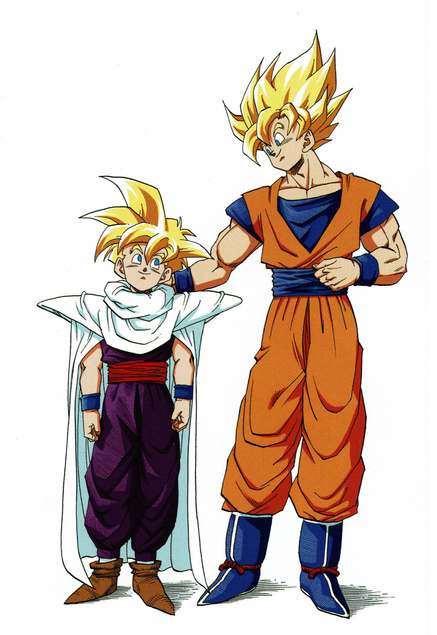 absurdres age_difference arms_at_sides blonde_hair blue_eyes boots cape dougi dragon_ball dragon_ball_z father_and_son full_body happy head_tilt height_difference highres looking_at_another looking_down looking_up male_focus multiple_boys official_art shaded_face shadow short_hair simple_background smile son_gohan son_gokuu spiked_hair standing super_saiyan toriyama_akira white_background wristband
