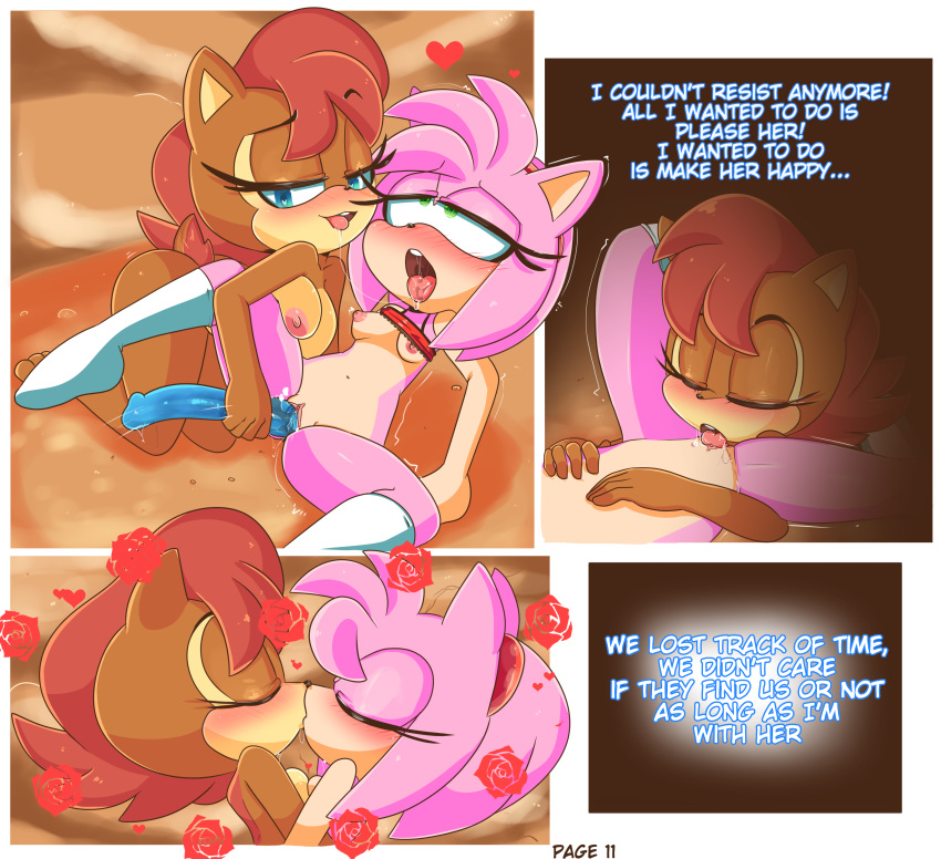 &lt;3 &lt;3_eyes 2018 amy_rose anthro bedroom_eyes blush breasts brown_fur chipmunk comic cunnilingus dildo drooling duo english_text eulipotyphlan female female/female fur hair half-closed_eyes hearlesssoul hedgehog kissing mammal navel nipples nude open_mouth oral orgasm_face pink_hair pussy raised_shirt red_hair rodent saliva saliva_string sally_acorn seductive sex sex_toy sonic_(series) text vaginal