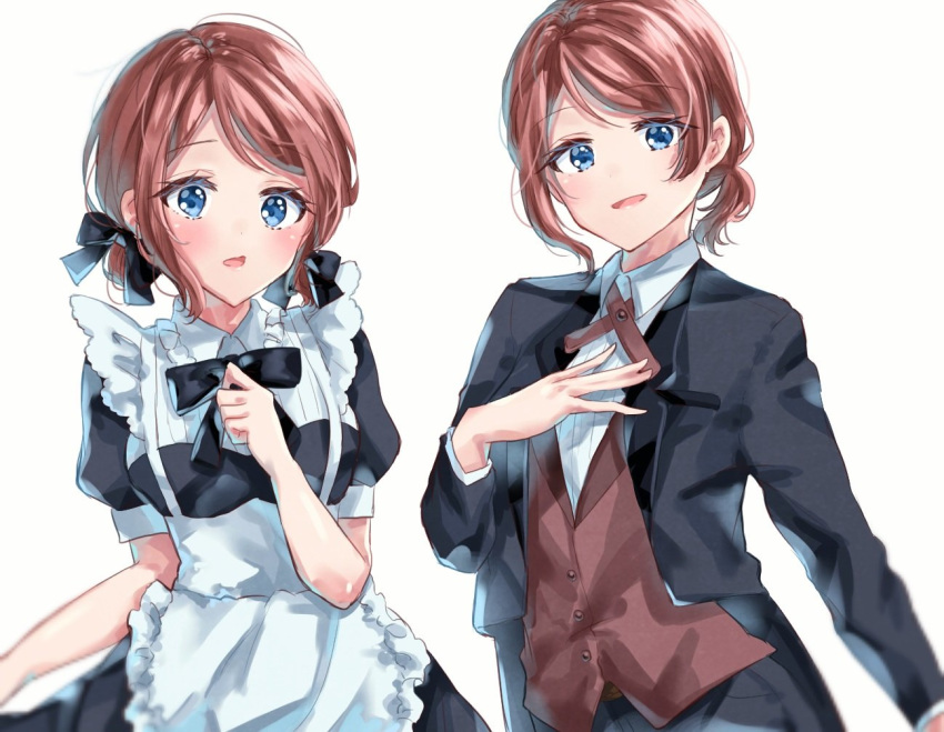 \||/ alternate_hairstyle apron bad_id bad_twitter_id black_jacket black_neckwear black_ribbon blue_eyes blush bow bowtie brown_hair brown_neckwear clenched_hand collared_dress collared_shirt commentary_request dress dual_persona eyebrows_visible_through_hair female_butler formal hair_ribbon hand_on_own_chest hand_up jacket long_sleeves looking_at_viewer love_live! love_live!_sunshine!! maid maid_apron minori_748 multiple_girls open_mouth ponytail ribbon shirt short_hair short_sleeves simple_background suit twintails upper_body watanabe_you white_apron white_background
