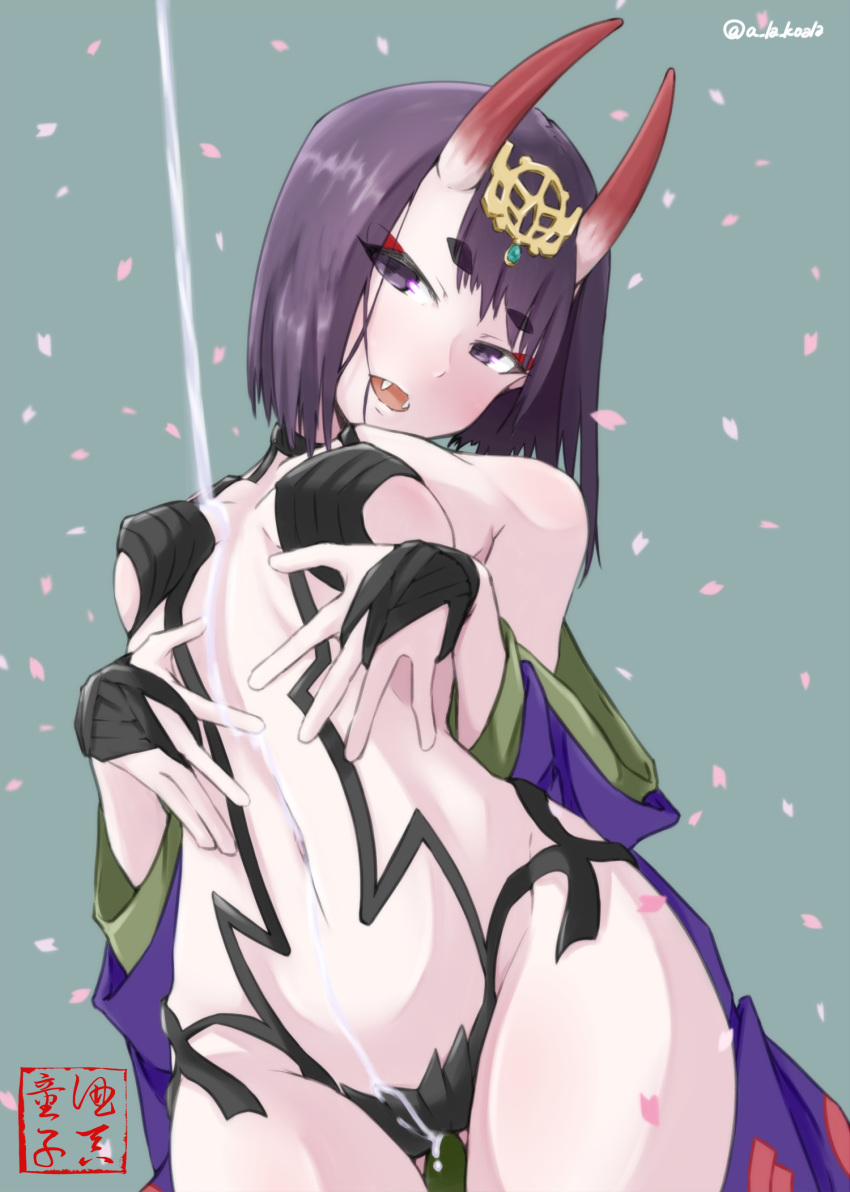 alakoala_shoushou arched_back bangs bare_shoulders blush bob_cut breasts collarbone commentary_request eyeliner fangs fate/grand_order fate_(series) forehead_jewel head_tilt headpiece highres hips horns japanese_clothes kimono makeup navel off_shoulder oni oni_horns open_clothes open_kimono petals pouring purple_eyes purple_hair purple_kimono revealing_clothes short_eyebrows short_hair shuten_douji_(fate/grand_order) simple_background small_breasts smile solo