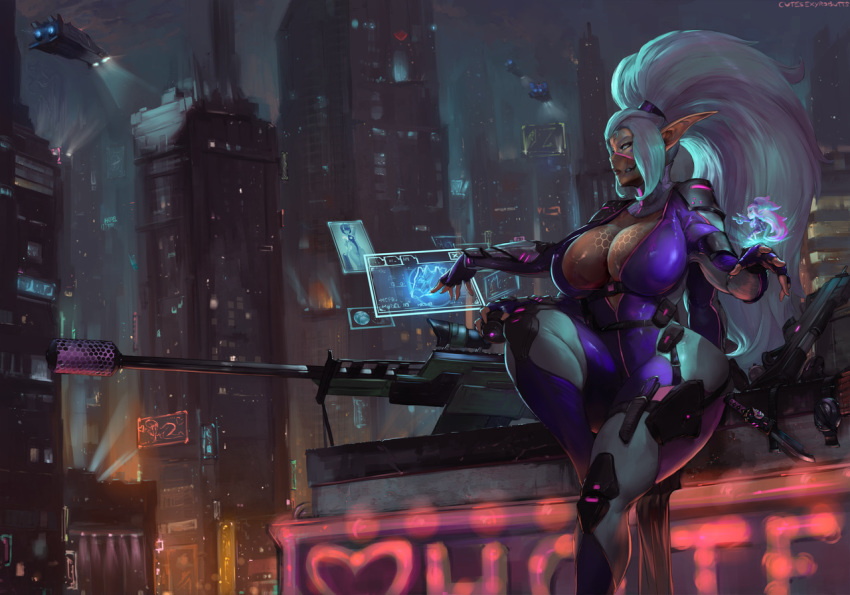 aqua_eyes aqua_hair arm_guards armor assault_rifle augmented_reality big_hair billboard bodysuit breasts building center_opening city city_lights cityscape cleavage commission curvy cutesexyrobutts cyberpunk fantasy feet_out_of_frame fingerless_gloves forehead gloves gun hair_strand hands_up heads-up_display high_ponytail hologram holographic_interface holographic_touchscreen huge_breasts knee_pads knee_up knife knife_holster lights long_hair looking_afar mask microphone mutant narrow_waist neon_lights neon_trim night night_sky ninja_mask open_bodysuit original outdoors pointy_ears purple_bodysuit rifle science_fiction shoulder_pads sidelocks sitting sky skyscraper sniper_rifle solo_focus space_craft strap tan thick_thighs thighs vehicle very_long_hair weapon wide_hips widow's_peak