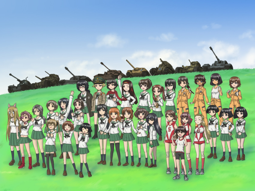 akiyama_yukari bal_(uqdf) breasts caesar_(girls_und_panzer) caterpillar_tracks char_b1 cloud commentary_request day emblem erwin_(girls_und_panzer) everyone girls_und_panzer gotou_moyoko grass ground_vehicle highres hoshino_(girls_und_panzer) isobe_noriko isuzu_hana jagdpanzer_38(t) kadotani_anzu kawanishi_shinobu kawashima_momo kondou_taeko konparu_nozomi koyama_yuzu long_hair m3_lee maruyama_saki military military_vehicle momogaa motor_vehicle multiple_girls nakajima_(girls_und_panzer) nekonyaa nishizumi_miho ooarai_(emblem) ooarai_school_uniform oono_aya oryou_(girls_und_panzer) panzerkampfwagen_iv piyotan reizei_mako saemonza sakaguchi_karina sasaki_akebi sawa_azusa short_hair sky smile sono_midoriko sturmgeschutz_iii suzuki_(girls_und_panzer) takebe_saori tank tiger_(p) tsuchiya_(girls_und_panzer) type_3_chi-nu type_89_i-gou utsugi_yuuki yamagou_ayumi