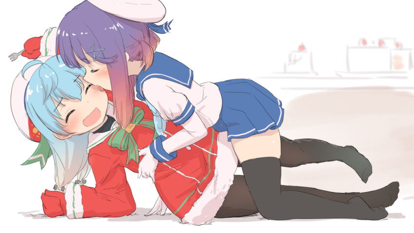 all_fours arm_support arm_up black_legwear blue_hair blue_skirt closed_eyes commentary dress face_licking food food_on_face fork gloves hat highres kantai_collection laughing licking long_hair lying miniskirt multiple_girls no_shoes on_side open_mouth pantyhose ponytail purple_hair red_dress red_gloves sado_(kantai_collection) santa_costume school_uniform serafuku shirt short_dress short_ponytail skirt smile thighhighs tongue torso_grab tsushima_(kantai_collection) wamu_(chartreuse) white_gloves white_shirt yuri