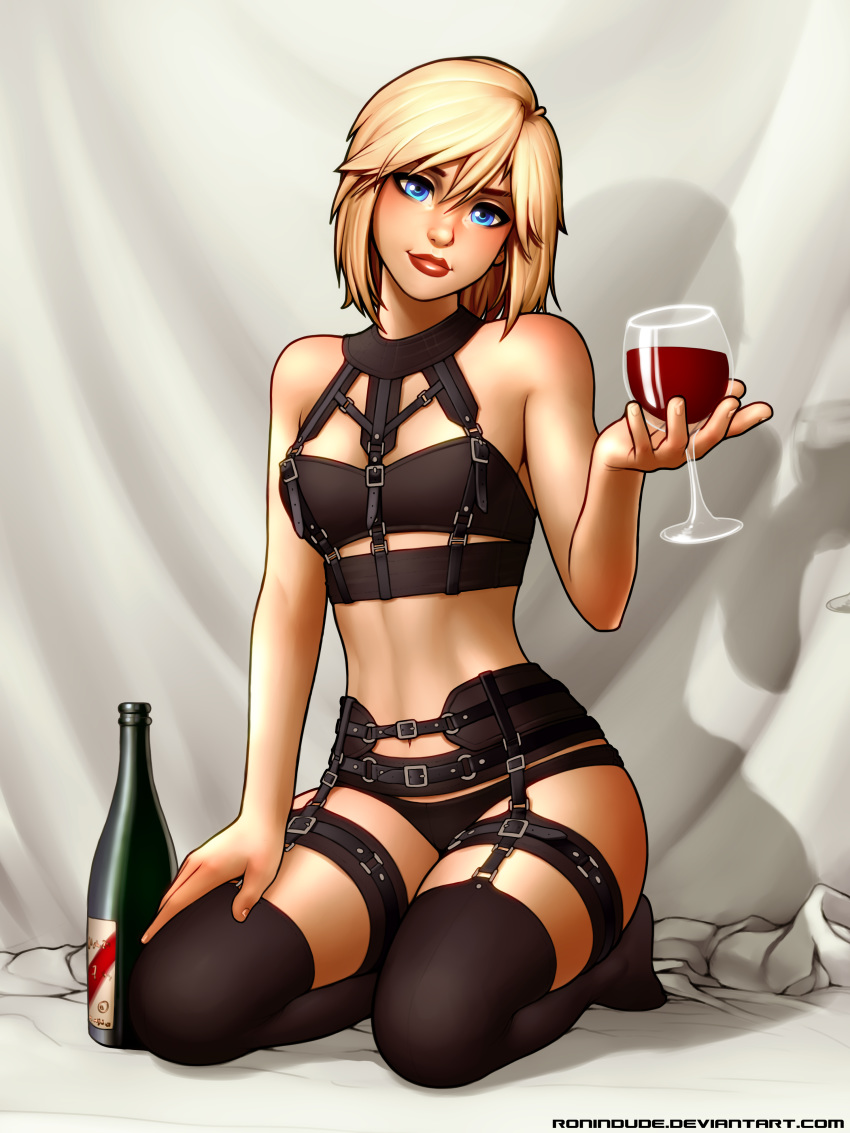 absurdres alcohol amy_(aidenke) bangs bed_sheet black_legwear black_panties blonde_hair blue_eyes bondage_outfit borrowed_character bottle bra breasts buckle collar commentary cup cupping_glass deviantart_username drinking_glass english_commentary eyebrows eyeliner full_body garter_straps hand_on_own_thigh head_tilt highres holding holding_cup lingerie lips lipstick looking_at_viewer makeup midriff navel original panties red_lipstick ronindude seiza short_hair sitting small_breasts solo strapless strapless_bra swept_bangs thigh_strap thighhighs toned underwear underwear_only watermark web_address white_background wine wine_bottle wine_glass
