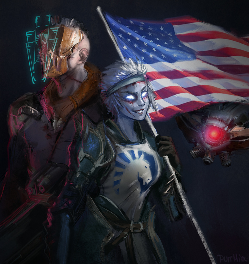 1girl 1other american_flag armor back-to-back blood ceresy commentary dahang_(gamer) drone english_commentary faceless flag flagpole galena_(quake) gauntlets glowing glowing_eye glowing_eyes grey_background grin headband heads-up_display height_difference highres holographic_monitor huge_weapon mohawk no_pupils nose one-eyed pale_skin peeker_(quake) quake quake_champions rapha_(gamer) rocket_launcher scar smile tabard team_liquid visor visor_(quake) weapon white_hair