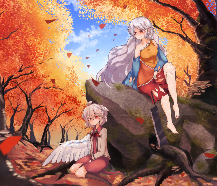 ahoge angel_wings ankles arm_rest arm_support asymmetrical_clothes autumn autumn_leaves bangs bare_shoulders barefoot between_legs blue_sky blurry_foreground brooch buna_shimeji_(keymush) closed_mouth collarbone collared_dress commentary_request dappled_sunlight day detached_sleeves dress eyebrows_visible_through_hair feathered_wings foot_dangle forest full_body grey_hair hair_between_eyes hand_between_legs hand_on_lap hatchet jacket jewelry kishin_sagume knee_up leaf long_hair long_sleeves looking_at_another looking_down looking_up multicolored multicolored_clothes multicolored_dress multiple_girls nature on_ground on_rock open_clothes open_jacket outdoors red_eyes rock sakata_nemuno short_hair sidelocks single_strap single_wing sitting sky smile sunlight toes touhou tree tree_shade very_long_hair white_wings wings