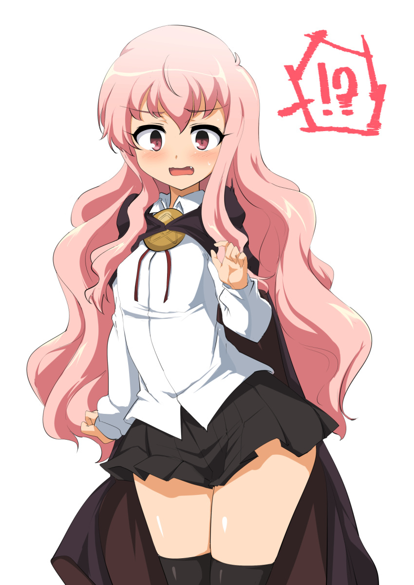 1girl bangs black_legwear black_skirt blush brown_cape collared_shirt commentary_request eyebrows_visible_through_hair fang hair_between_eyes hand_up highres long_hair long_sleeves louise_francoise_le_blanc_de_la_valliere momio open_mouth pink_hair pleated_skirt red_eyes shirt skirt sleeves_past_wrists solo spoken_interrobang sweat thighhighs very_long_hair wavy_mouth white_shirt zero_no_tsukaima