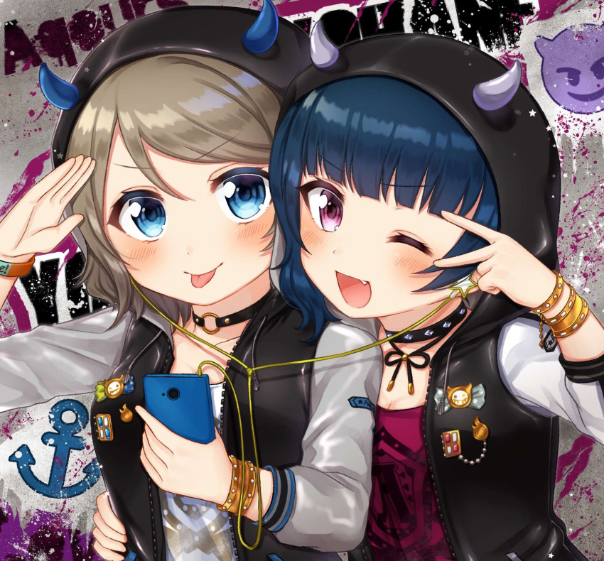 :p ;d anchor_symbol arm_around_waist bad_id bad_pixiv_id badge bangs black_choker black_jacket blue_eyes blue_hair blush bracelet breasts button_badge cellphone choker cleavage collarbone demon_horns earphones emoji eyebrows_visible_through_hair fang grey_hair group_name highres holding holding_phone hood hood_up hooded_jacket horns jacket jewelry long_sleeves looking_at_viewer love_live! love_live!_sunshine!! mkzk_nagi multiple_girls o-ring o-ring_choker one_eye_closed open_mouth paint_splatter phone print_shirt purple_eyes purple_shirt raglan_sleeves salute shared_earphones shirt smartphone smile studded_choker tongue tongue_out tsushima_yoshiko upper_body v-shaped_eyebrows v_over_eye watanabe_you white_shirt