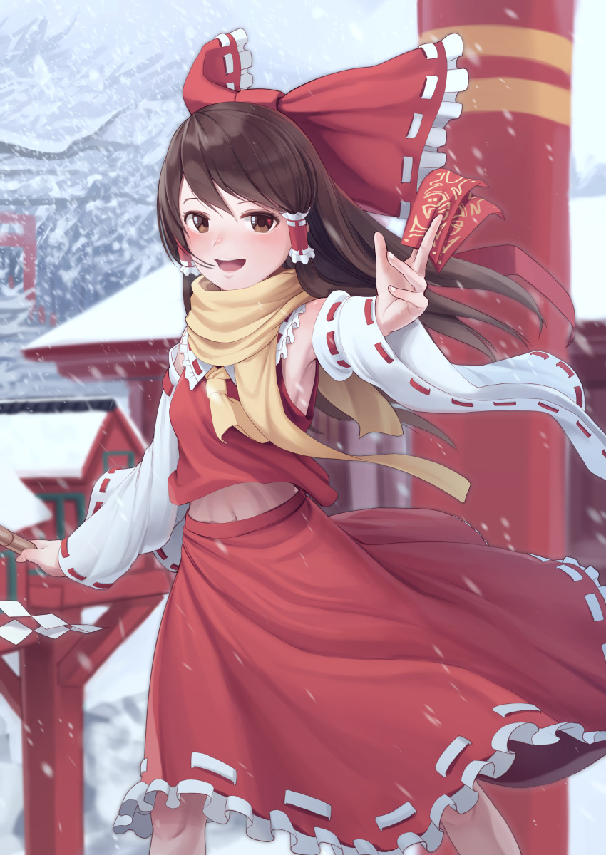 absurdres armpits blush bow brown_eyes brown_hair day detached_sleeves eyebrows_visible_through_hair goback hair_bow hair_tubes hakurei_reimu highres holding japanese_clothes long_hair looking_at_viewer miko navel open_mouth outdoors railing red_bow smile snow snowing solo torii touhou tree winter