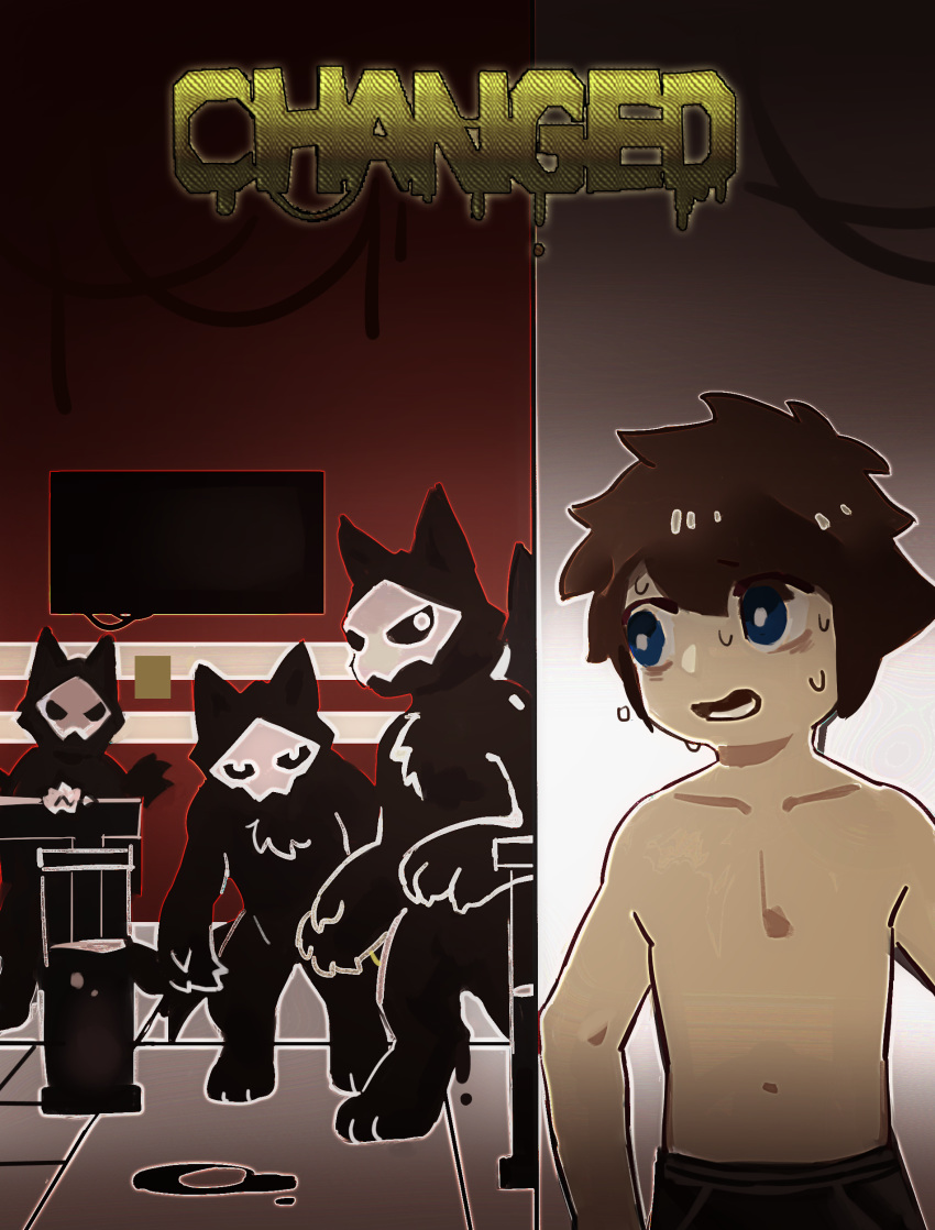ambiguous_gender anthro biped black_fur blue_eyes canine changed_(video_game) clothed clothing fur goo_creature harp_seal_(pixiv) hiding human lin_(changed) male mammal monster parody sweat topless wolf young