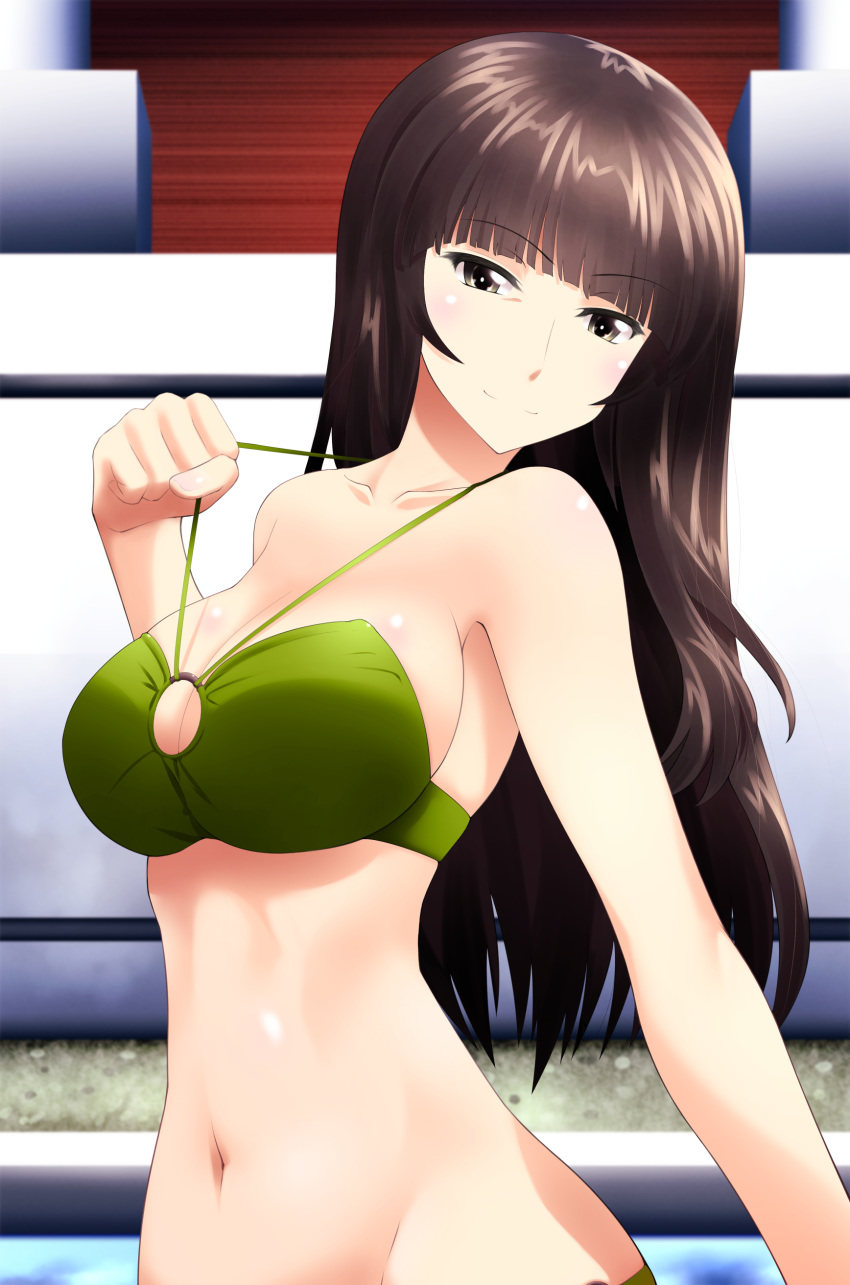 absurdres bangs blunt_bangs blurry blurry_background breasts closed_mouth commentary_request depth_of_field eyebrows_visible_through_hair girls_und_panzer green_bikini_bottom half-closed_eyes head_tilt highres long_hair looking_at_viewer mature medium_breasts miraino_tsubasa navel nishizumi_shiho partial_commentary smile solo standing straight_hair strap_lift upper_body
