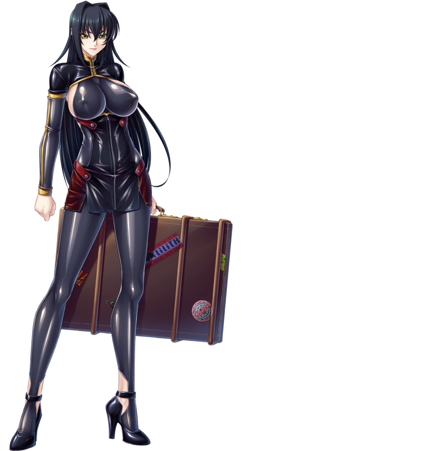 1girl annerose_vajra black_hair breasts erect_nipples full_body kagami_hirotaka katana koutetsu_no_majo_annerose koutetsu_no_majo_anneroze large_breasts legs lilith-soft long_hair looking_at_viewer sideboob smile solo standing sword weapon yellow_eyes