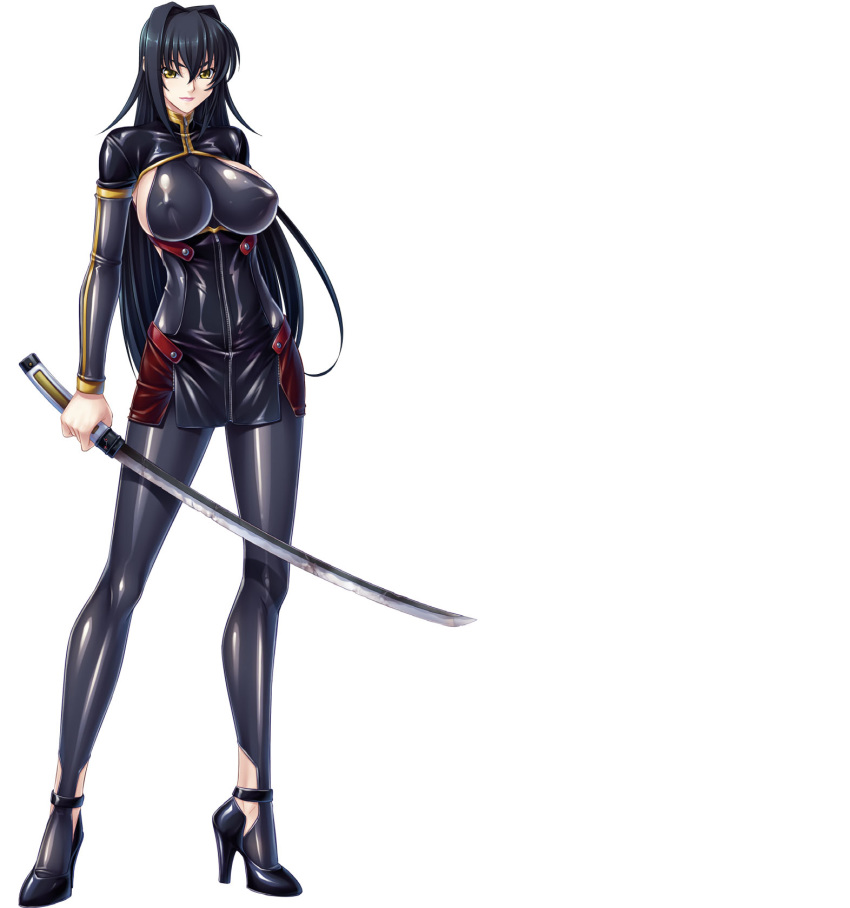 1girl annerose_vajra black_hair breasts erect_nipples full_body kagami_hirotaka katana koutetsu_no_majo_annerose koutetsu_no_majo_anneroze large_breasts legs lilith-soft long_hair looking_at_viewer sideboob smile solo standing sword weapon yellow_eyes