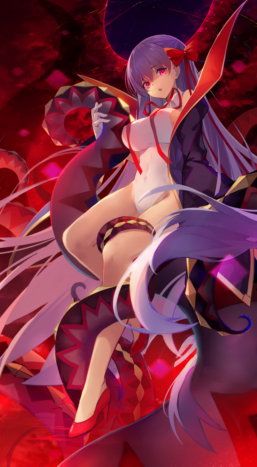 :o absurdres arm_at_side baisi_shaonian bangs bare_legs bare_shoulders bb_(fate)_(all) bb_(swimsuit_mooncancer)_(fate) black_coat bow breasts coat commentary_request covered_navel covered_nipples dark_background eyebrows_visible_through_hair fate/grand_order fate_(series) full_body gloves hair_between_eyes hair_bow high_heels highleg highleg_leotard highres impossible_clothes impossible_leotard large_breasts leotard long_hair neck_ribbon open_clothes open_coat open_mouth pink_eyes purple_hair red_bow red_footwear red_neckwear red_ribbon ribbon shaded_face sideboob sitting solo straight_hair tentacles very_long_hair white_gloves white_leotard