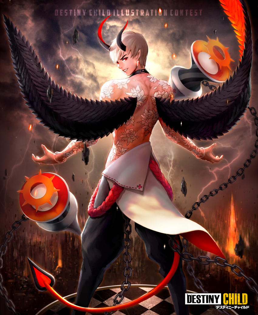 bad_id bad_pixiv_id bare_shoulders black_wings chain cloud copyright_name cross cross_earrings demon_horns demon_tail destiny_child earrings frey_(destiny_child) grey_sky grin highres horns jewelry kei1115 lightning looking_at_viewer neck_belt outdoors red_eyes smile standing tail tattoo white_hair wings