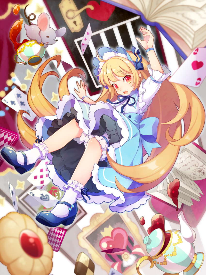 :o ahoge alice_in_wonderland blonde_hair bloomers blue_dress blue_footwear bonnet book card checkerboard_cookie cookie cup door dress falling food heart highres long_hair looking_at_viewer maru-kichi mary_janes mouse open_book picture_frame playing_card red_eyes shoes solo spilling tea teacup teapot underwear very_long_hair white_legwear
