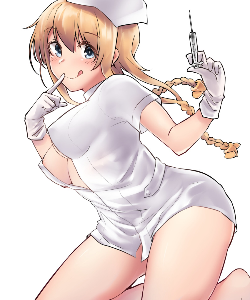absurdres areola_slip areolae blue_eyes blush braid breasts closed_mouth dress eyebrows_visible_through_hair finger_to_mouth gloves hair_ornament hat highres kantai_collection kiritto kneeling large_breasts light_brown_hair long_hair looking_at_viewer nurse nurse_cap open_clothes open_dress propeller_hair_ornament simple_background solo syringe teruzuki_(kantai_collection) tongue tongue_out twin_braids white_background white_dress white_gloves