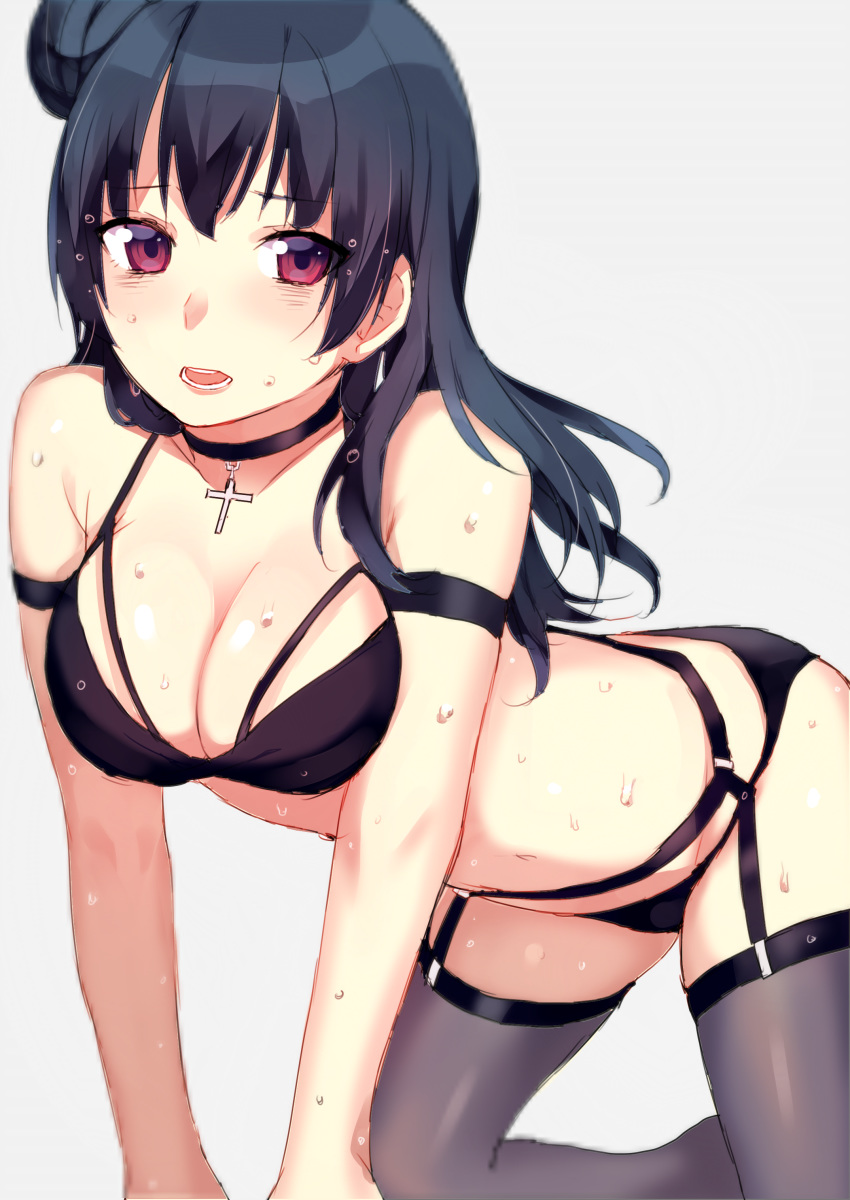 armband bad_id bad_pixiv_id bangs bare_shoulders bent_over bikini black_bikini blue_hair breasts cleavage cross cross_necklace garter_belt garter_straps garters highres jewelry long_hair love_live! love_live!_sunshine!! mashiro_(rikuya) medium_breasts navel necklace purple_eyes side_bun spread_legs swimsuit tsushima_yoshiko water wet