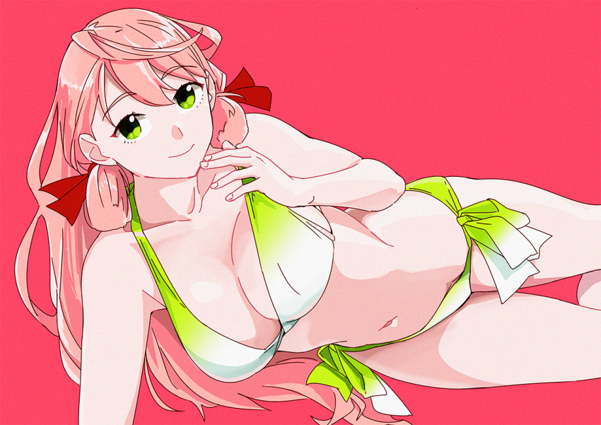 akashi_(kantai_collection) bikini breasts cleavage collarbone commentary_request cowboy_shot film_grain front-tie_top gradient_bikini green_eyes hair_ribbon kantai_collection large_breasts long_hair looking_at_viewer lying navel ojipon on_side pink_background pink_hair ribbon side-tie_bikini simple_background smile solo swimsuit tress_ribbon white_bikini