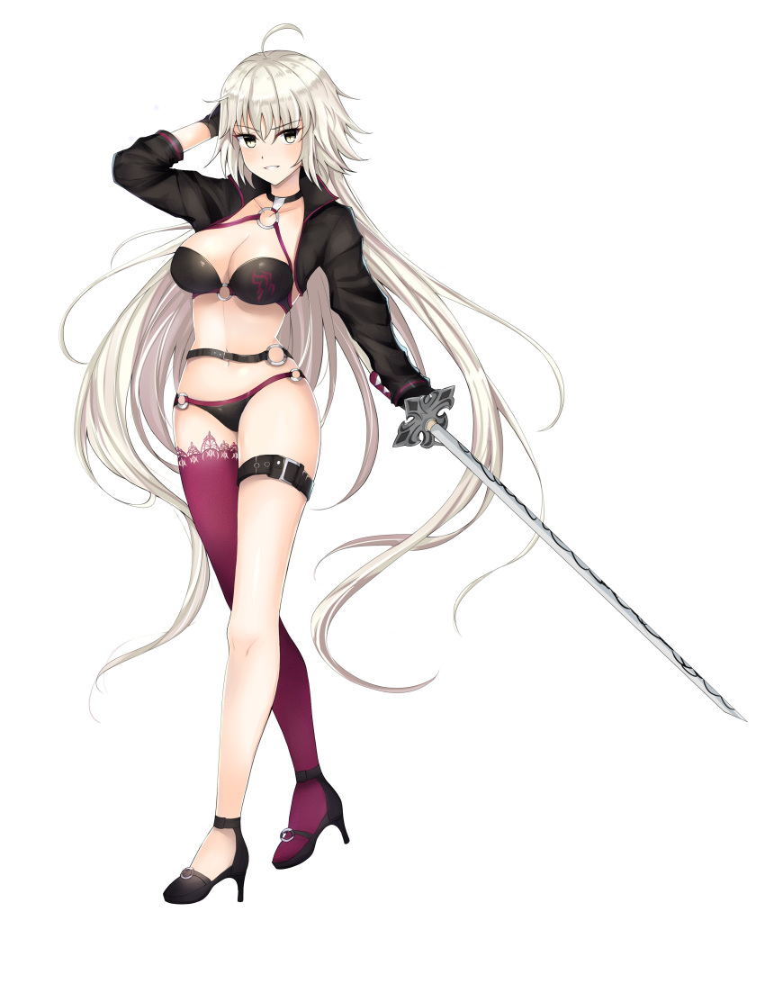 ahoge arm_up bangs bikini black_bikini black_footwear black_gloves blush breasts buckle cleavage commentary_request eyebrows_visible_through_hair fate/grand_order fate_(series) full_body gloves grey_hair grin high_heels highres holding holding_sword holding_weapon jeanne_d'arc_(alter_swimsuit_berserker) jeanne_d'arc_(fate)_(all) long_hair long_sleeves looking_at_viewer lydia601304 medium_breasts navel o-ring o-ring_bikini o-ring_top parted_lips pink_legwear shrug_(clothing) simple_background single_thighhigh smile standing stomach swimsuit sword tachi-e teeth thighhighs v-shaped_eyebrows very_long_hair weapon white_background yellow_eyes